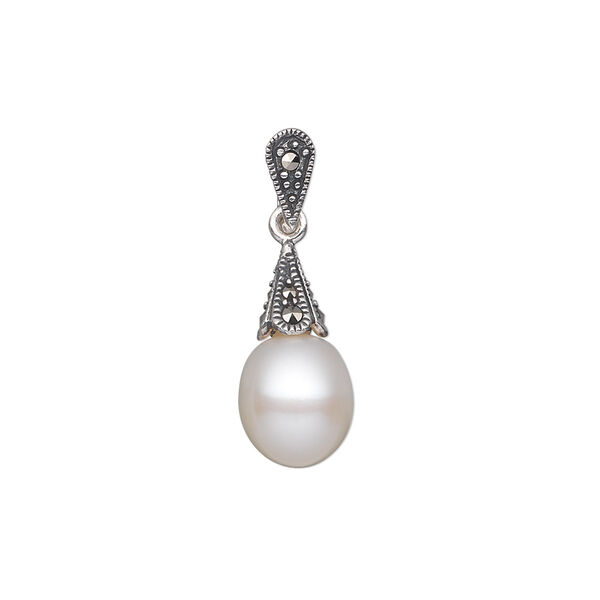 Pendant, cultured freshwater pearl (bleached) / marcasite (natural) / antiqued sterling silver, white, 26x8.5mm with 10x8.5mm teardrop and 8x5mm cone. Sold individually. image number 0