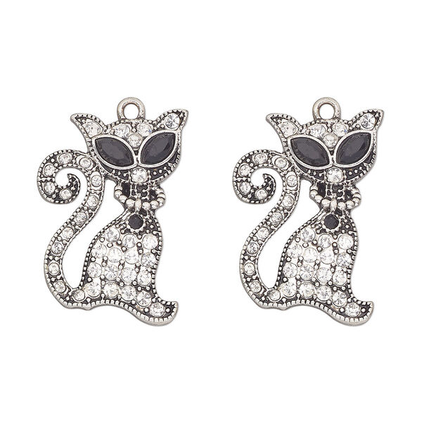 Charm, antique silver-finished "pewter" (zinc-based alloy) and glass, clear and black, 29x20mm single-sided cat. Sold per pkg of 2. image number 0