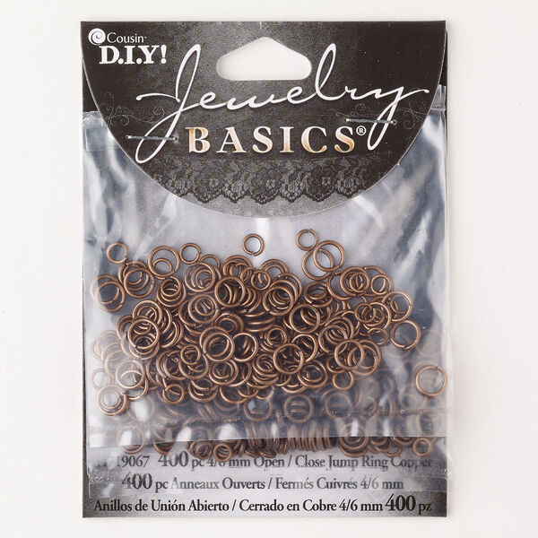 Jump ring assortment, steel, pkg/400, brown copper finish and antique copper finish, 4mm and 6mm open round, 2.3-4.6mm inside diameter, 20 gauge. image number 0