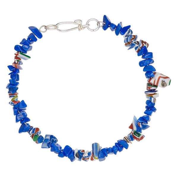 Bracelet, glass / chevron glass / steel memory wire, cobalt blue and multicolored, 7.5mm wide chip, 7-1/2 inches with hook clasp. Sold individually. image number 0
