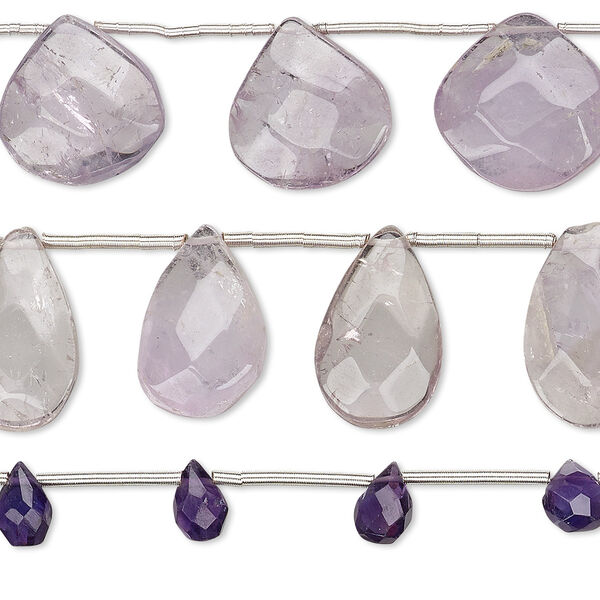 Bead mix, amethyst / chevron amethyst / lavender amethyst (natural / dyed), 8x6mm-23x18mm hand-cut top-drilled multi-teardrop, C grade, Mohs hardness 7. Sold per pkg of (3) 8-inch strands. image number 0