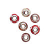 Bead, Dione&reg;, lampworked glass and imitation rhodium-plated brass grommets, transparent red and opaque multicolored, 12x8mm-16x9mm rondelle with assorted designs. Sold per pkg of 6. image number 1