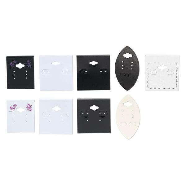 Earring card mix, PVC plastic and paper, assorted color and print, 2x1-1/2 to 2x2 inch squares and 2-3/4 x 1-1/2 inch marquise. Sold per pkg of 100. image number 0