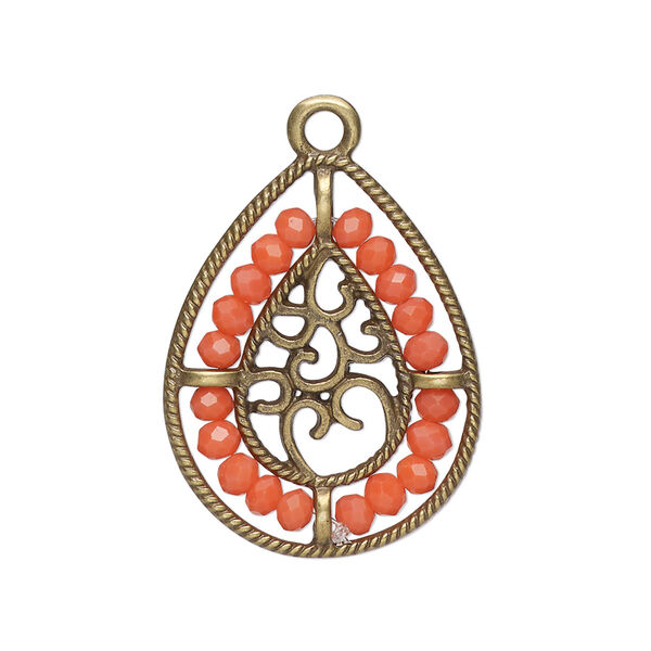 Drop, antique brass-finished "pewter" (zinc-based alloy), salmon pink, 27.5 x 21.5mm teardrop with hearts and beaded border. Sold per pkg of 2. image number 0