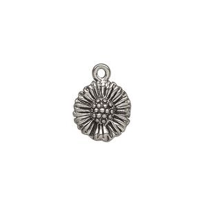 Charm, antiqued pewter (tin-based alloy), 13mm single-sided daisy. Sold per pkg of 2.
