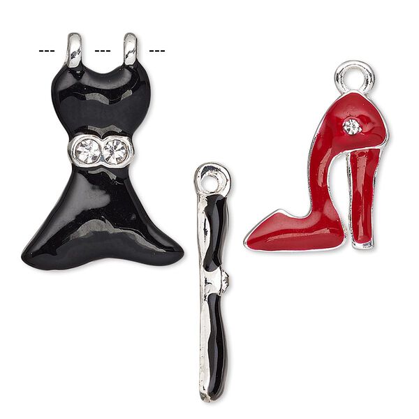 Charm, glass rhinestone / enamel / silver-finished "pewter" (zinc-based alloy), black / red / clear, 17x15mm high heel and 25x17mm dress. Sold per 2-piece set. image number 0