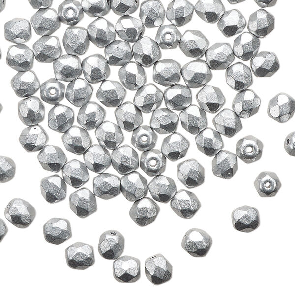 Bead 1pkg1 Czech fire-polished glass, 4mm satin faceted round, 1 mass opaque silver image number 0