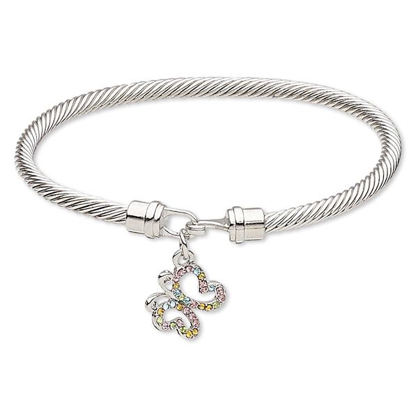 Bracelet, bangle, Czech glass rhinestone with silver-plated brass and "pewter" (zinc-based alloy), multicolored, 4mm twisted cable with 16x15mm open butterfly, 7-1/2 inches with hook-and-eye clasp. Sold individually. image number 0