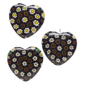 Bead, millefiori glass, translucent multicolored, 24-26mm half-drilled puffed heart with flower design. Sold per pkg of 3.