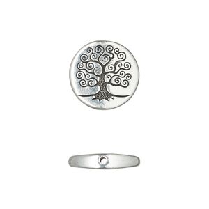 Bead, TierraCast®, "Soulful Spirit" collection, antique silver-plated pewter (tin-based alloy), 15mm flat round with tree of life design. Sold per pkg of 2.