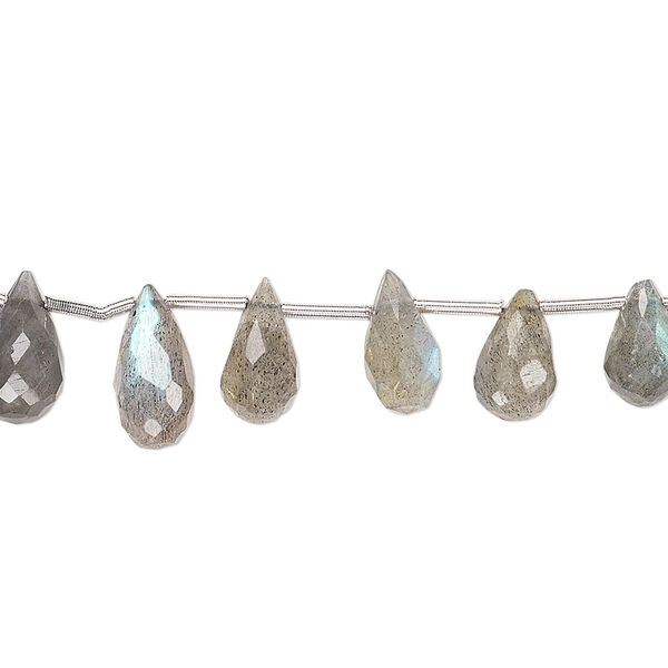 Bead, labradorite (natural), 6x4mm-10x7mm graduated hand-cut top-drilled faceted briolette, C grade, Mohs hardness 6 to 6-1/2. Sold per 4-inch strand, approximately 15 beads. image number 0