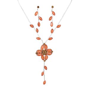 Necklace and earring set, silver-plated brass and steel / resin / glass rhinestone, brown, 76x31mm flower with dangle, 16 inches with 2-inch extender chain and springring clasp, 2-inch earring with post. Sold per set.