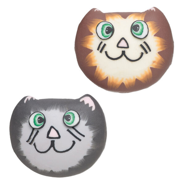 Magnet, polymer clay and plastic, assorted multicolored, 30x26mm cat face. Sold per pkg of 2. image number 0