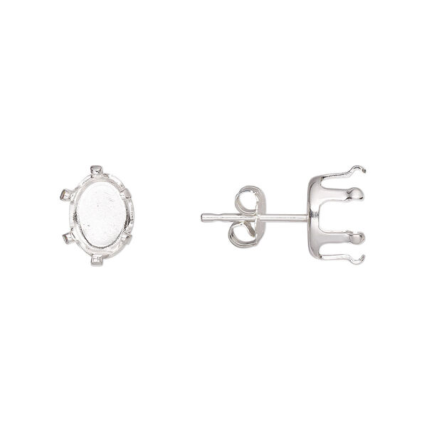 Earstud, Snap-Tite®, sterling silver, 8x6mm 6-prong oval setting. Sold per pkg of 2 pairs. image number 0