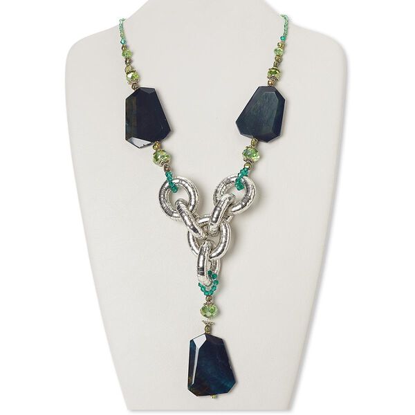 Necklace, cultured freshwater pearl / crackle agate (dyed / heated) / glass / silver-finished steel / gold-finished "pewter" (zinc-based alloy) / silver-plated brass, green and teal green, 5-inch dangle with 48x36mm faceted flat freeform, 27 inches with 2-inch extender chain and lobster claw clasp. Sold individually. image number 0