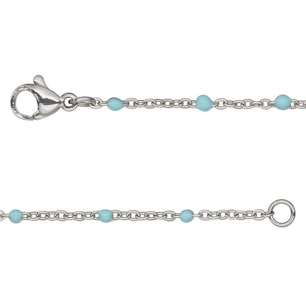Chain, stainless steel and enamel, turquoise, 1.7mm flat cable with 2mm ball, 16 inches with lobster claw clasp. Sold individually. image number 0