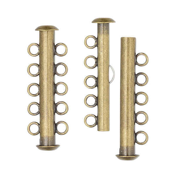 Clasp, 5-strand slide lock, antique gold-plated brass, 31x6mm tube. Sold per pkg of 10. image number 0