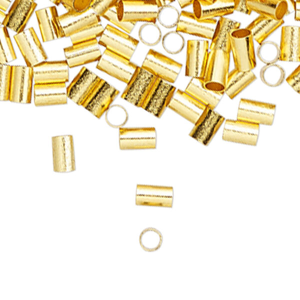Crimp, gold-finished brass, 3x2mm round tube, 1.4mm inside diameter. Sold per pkg of 100. image number 0
