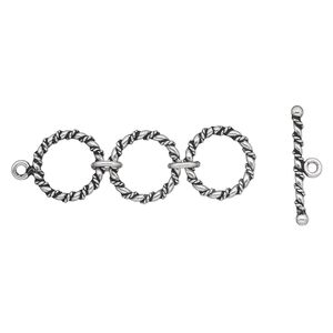Clasp toggle 1pkg1 sterling silver, 51x16mm / 16mm ring, antiqued 1-strand