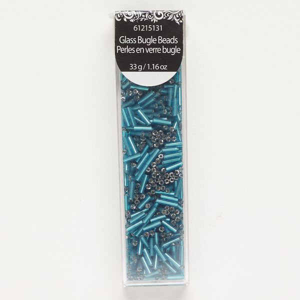 Bead, bugle bead, glass, pkg/33g, 6x2mm-7x5mm tube, silver-lined teal. image number 0