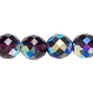 Bead, Czech fire-polished glass, pkg/15-1/2 to 16 inches, 12mm faceted round, translucent amethyst purple AB, (20060-28701).
