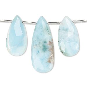 Larimar 1pkg3, hand-cut top-drilled faceted puffed teardrop bead natural 20x10mm / 28x10mm