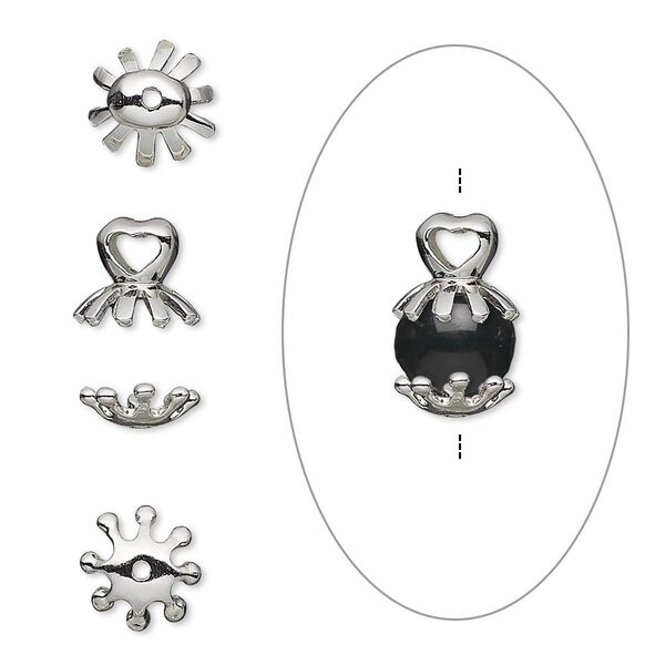 Bead cap, antique silver-plated bronze, 15x8mm with 8x7mm heart and 7.5x7.5mm bottom cap, fits 8-10mm bead. Sold per 2-piece set. image number 0