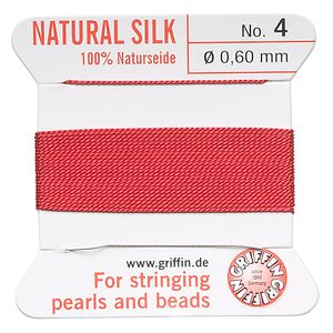 Thread, Griffin, silk, red, size #4. Sold per 2-meter card (approximately 78 inches).
