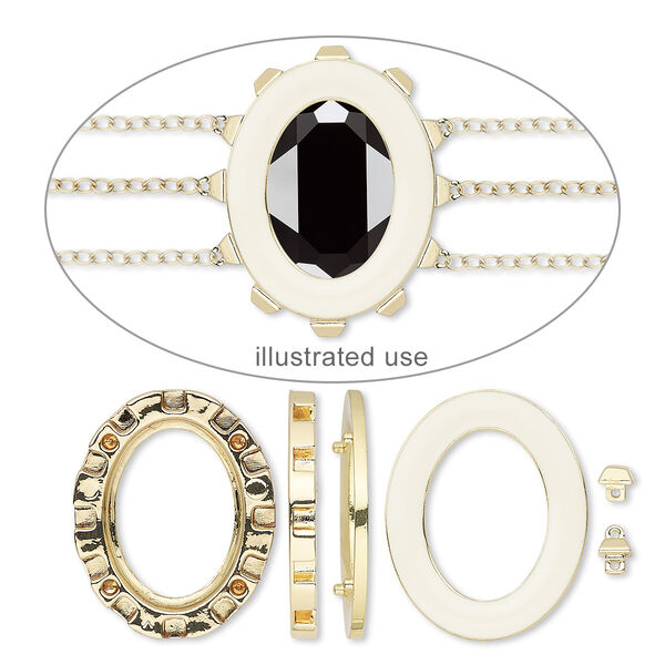 Mount, Miracle Mount™, enamel and gold-finished "pewter" (zinc-based alloy), white, 39x32mm oval with 30x22mm oval setting. Sold per 18-piece set. image number 0