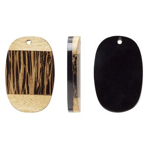 Focal, mango wood and resin (assembled), brown / tan / black, 37x25mm-35x23mm top-drilled flat oval. Sold per pkg of 2.