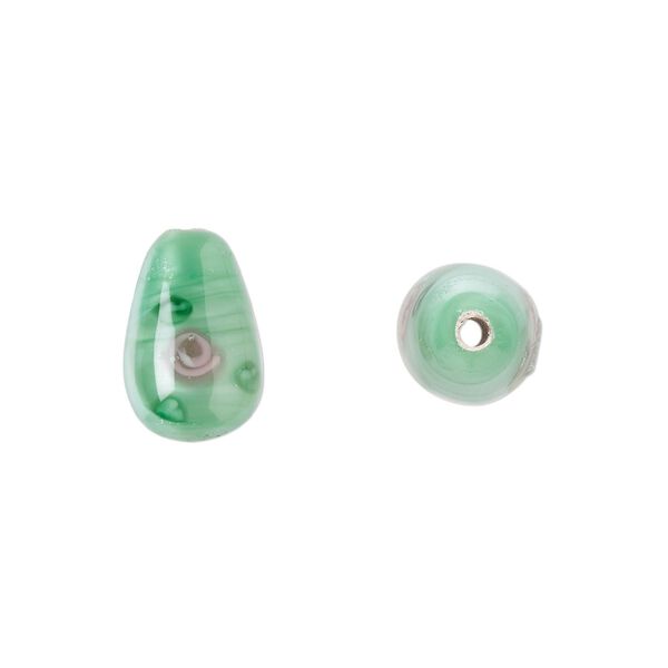 Bead, Czech lampworked glass, opaque green and pink, 12x8mm-13x9mm teardrop with flower design. Sold per pkg of 4. image number 0