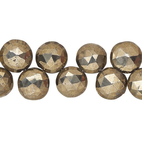 Bead, oxidized pyrite (natural), 9-11mm hand-cut top-drilled faceted puffed flat round with 0.4-1.1mm hole, B- grade, Mohs hardness 6. Sold per 7-inch strand. image number 0