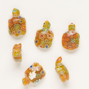 Bead, millefiori glass, translucent orange and multicolored, 21x13mm-24x15mm half-drilled turtle. Sold per pkg of 6.