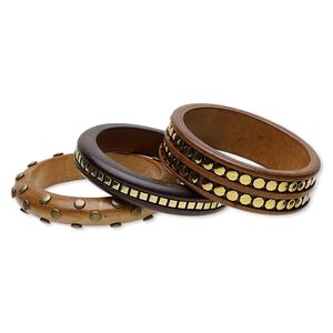 Bracelet mix, bangle, stained wood and gold-coated plastic, light brown / brown / dark brown, 15-24mm wide with octagon / square / round studs, 7-1/2 inches. Sold per pkg of 3.