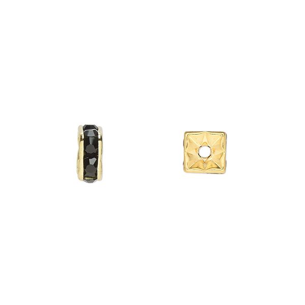 Bead, glass rhinestone and gold-finished brass, black, 6x3mm squaredelle. Sold per pkg of 10. image number 0