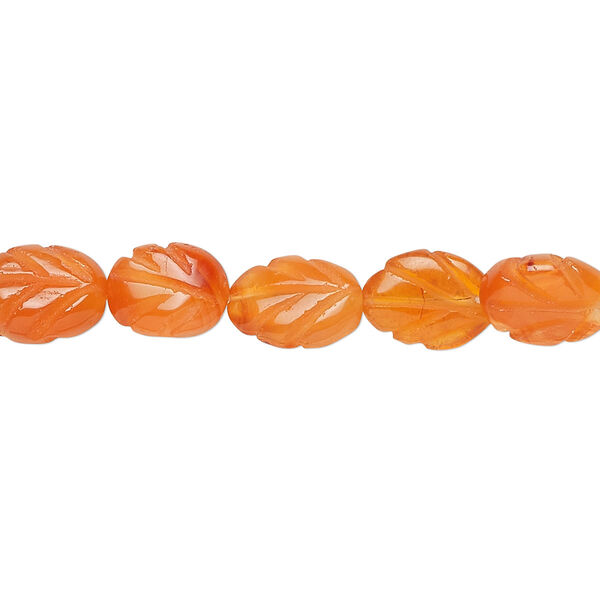 Bead, carnelian (dyed / heated), 8x6mm-10x8mm carved leaf, C grade, Mohs hardness 6-1/2 to 7. Sold per 15-1/2" to 16" strand. image number 0