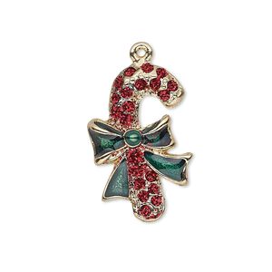 Charm, enamel and gold-finished "pewter" (zinc-based alloy), red and green with hand-applied glitter, 26x17mm single-sided candy cane. Sold individually.