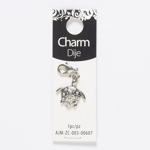 Charm, acrylic and silver-finished "pewter" (zinc-based alloy), clear, 19x18mm single-sided turtle with lobster claw clasp. Sold individually. image number 0