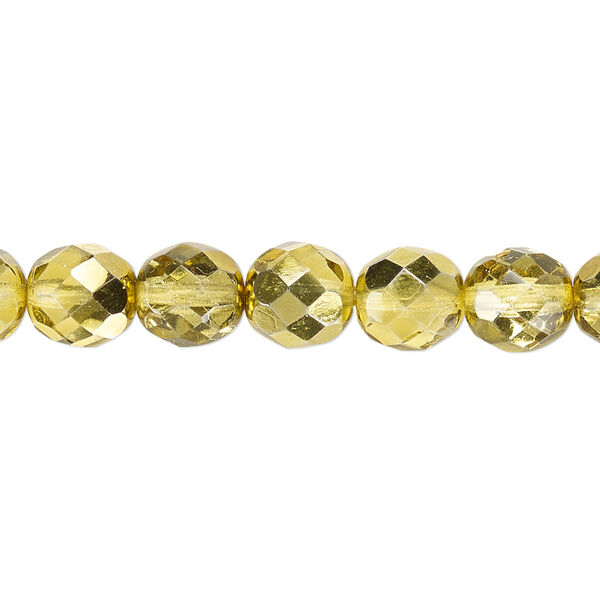 Bead, Czech fire-polished glass, clear with half-coat metallic yellow gold, 8mm faceted round. Sold per 15-1/2" to 16" strand. image number 0
