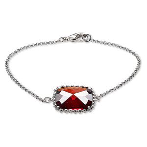 Bracelet, glass and rhodium-plated brass, red, 19x19mm beaded square, 7-1/2 inches with lobster claw clasp. Sold individually.