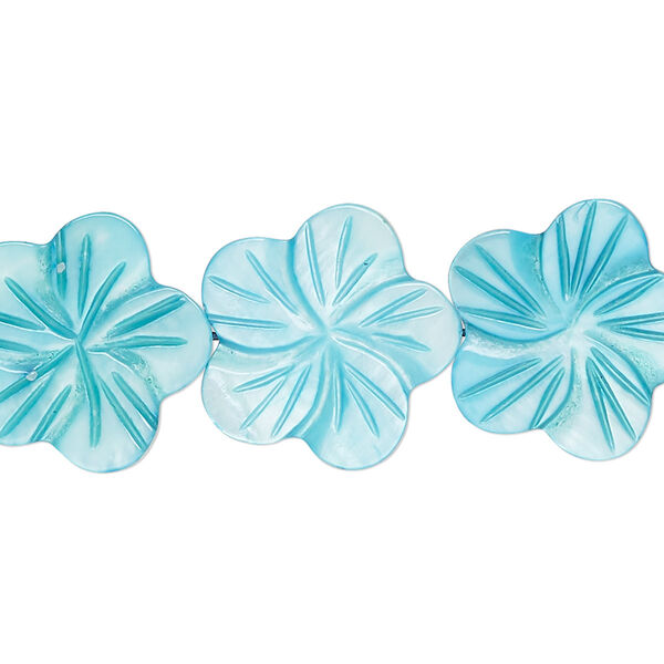 Bead, mother-of-pearl shell (dyed), dark aqua blue, 18x17mm-22x21mm carved flat flower with 0.6-0.8mm hole, Mohs hardness 3-1/2. Sold per 15-inch strand. image number 0