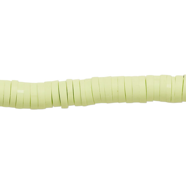 Bead, polymer clay, opaque light green, 6x1.5mm heishi. Sold per pkg of (2) 15-1/2" to 16" strands. image number 0