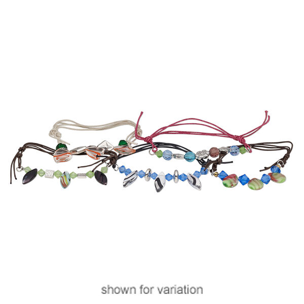 Bracelet mix, waxed cotton cord / glass / silver-finished steel / gold- / silver-coated acrylic, multicolored, 4mm-30x20mm mixed shape, adjustable from 7-1/2 to 9 inches with slip knot closure. Sold per pkg of 5. image number 1