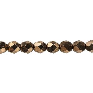 Bead, Czech fire-polished glass, opaque bronze, 6mm faceted round. Sold per 15-1/2" to 16" strand, approximately 65 beads.