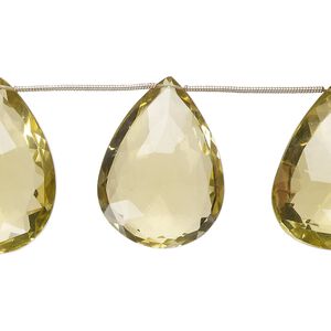 Lemon quartz 1pkg7, hand-cut top-drilled faceted puffed teardrop bead 31x23mm-34x26mm