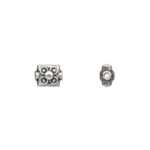 Bead, antique silver-plated "pewter" (zinc-based alloy), 8x6mm double-sided square tube with flower. Sold per pkg of 50.