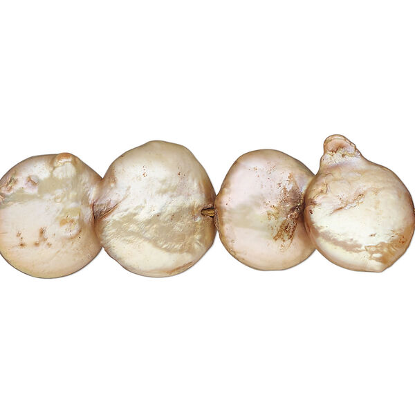 Pearl, cultured freshwater pearl (dyed), gold, 21x13mm-28x16mm double flat round, Mohs hardness 2-1/2 to 4. Sold per 15-inch strand, approximately 15 beads. image number 0