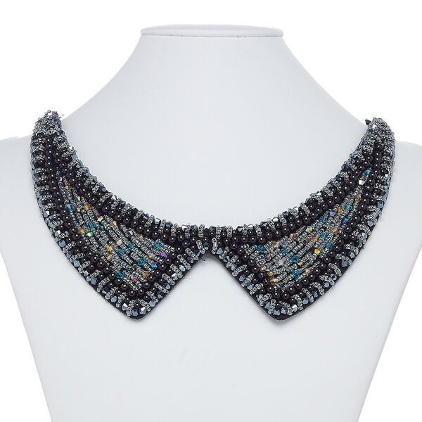 Necklace, collar, polyester / plastic / glass, multicolored, 2-1/2 inches wide, 29-1/2 inches with tie closure. Sold individually. image number 0