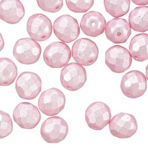 Czech fire-polished glass 1pkg50, faceted round bead dipped décor opaque pearlescent light pink 8mm