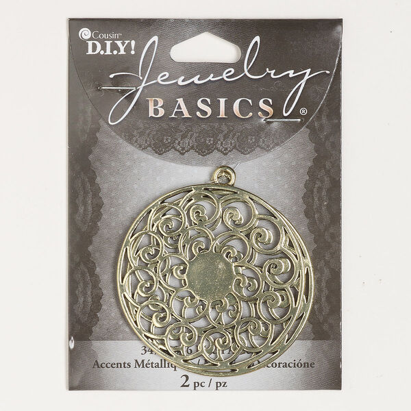 Focal, gold-finished "pewter" (zinc-based alloy), 47-48mm double-sided round with scroll design. Sold per pkg of 2. image number 0
